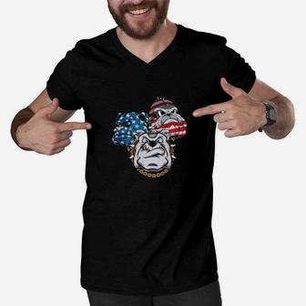 Dog 4Th Of July Gift Bulldog Dog With Us Flag Background Dog Father Men V-Neck Tshirt - Monsterry