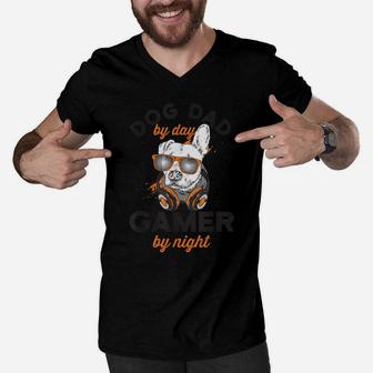 Dog Dad By Day Gamer By Night Gaming Men V-Neck Tshirt | Crazezy