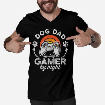 Dog Dad By Day Gamer By Night Men V-Neck Tshirt | Crazezy