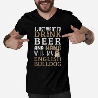 English Bulldog Dad Tshirt Funny British Dog Lover Beer Men V-Neck Tshirt | Crazezy