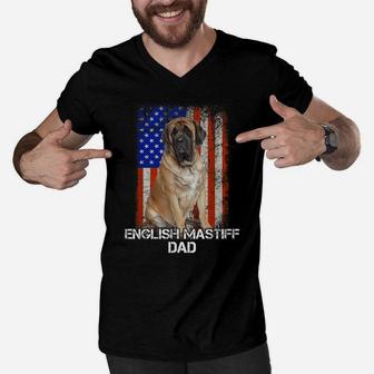 English Mastiff Dog Dad Father Day American Flag Men V-Neck Tshirt | Crazezy