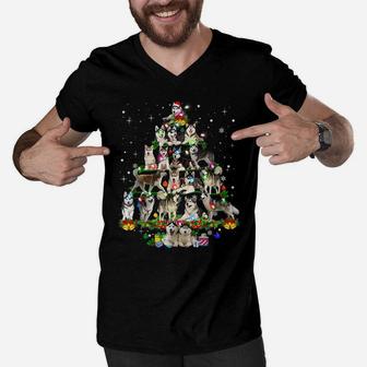 Funny Siberian Husky Christmas Tree Xmas Dog Dad Mom Men V-Neck Tshirt | Crazezy