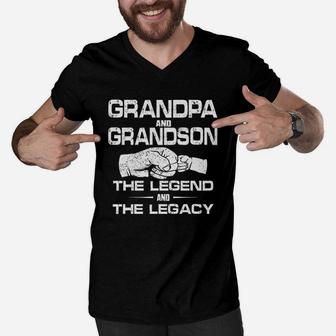 Grandpa And Grandson The Legend And Legacy Fathers Day Family Matching Gift Men V-Neck Tshirt | Crazezy DE