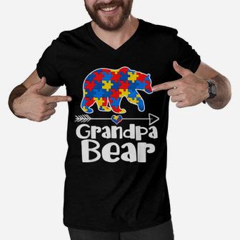 Grandpa Bear Puzzle Piece Autism Awareness Autistic Dad Men V-Neck Tshirt - Monsterry