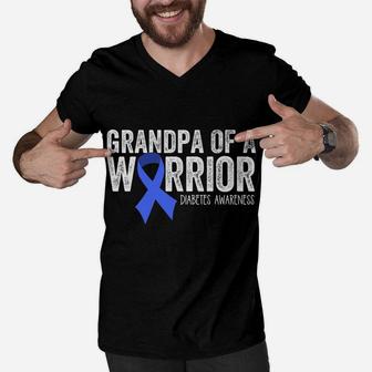 Grandpa Of A Warrior T1d Diabetic Blue Ribbon Support Gift Men V-Neck Tshirt | Crazezy UK