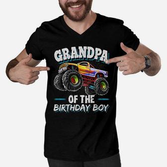 Grandpa Of The Birthday Boy Monster Truck Birthday Party Men V-Neck Tshirt | Crazezy UK