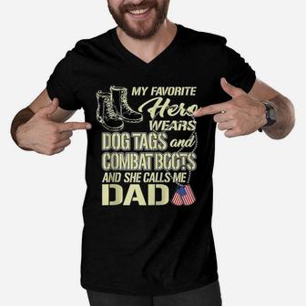 Hero Wears Dog Tags Combat Boots Proud Army Dad Of Daughter Zip Hoodie Men V-Neck Tshirt | Crazezy