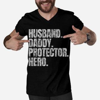 Husband Daddy Protector Hero Gift For Father's Day Pop Dad Men V-Neck Tshirt | Crazezy UK