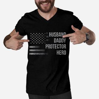 Husband Daddy Protector Hero With American Flag Men V-Neck Tshirt | Crazezy CA