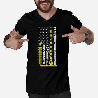 Husband Father Tow Driver Hero American Flag Gift Towing Dad Men V-Neck Tshirt | Crazezy