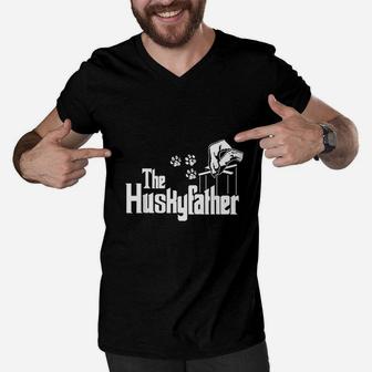 Husky Father Dog Dad Puppy Paw Print Fun Animal Fathers Day Men V-Neck Tshirt | Crazezy DE