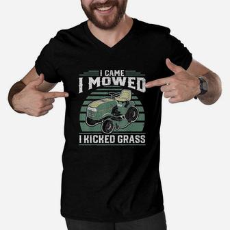 I Came I Mowed I Kicked Grass Riding Mower Mowing Dad Gift Men V-Neck Tshirt | Crazezy