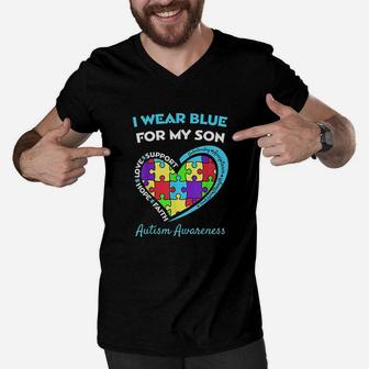 I Wear Blue For My Son Awareness Mom Dad Heart Puzzle Men V-Neck Tshirt | Crazezy CA