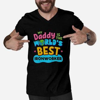 Kids My Best Daddy Dad Ironworker Proud Daughter Son Kid Men V-Neck Tshirt | Crazezy