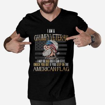 Mens American Flag Veterans Day Patriotic Grumpy Veteran Grandpa Men V-Neck Tshirt | Crazezy AU