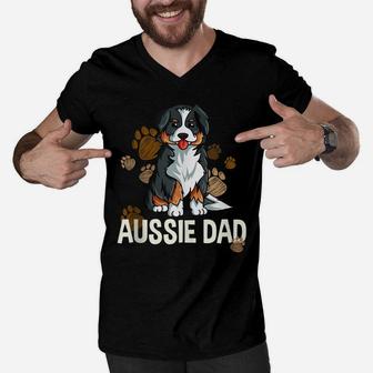 Mens Australian Shepherd Dad Dog Saying Fun Aussie Men V-Neck Tshirt | Crazezy