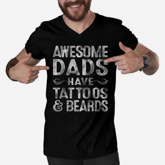 Mens Awesome Dads Have Tattoos & Beards Bearded Dad Father's Day Men V-Neck Tshirt | Crazezy UK