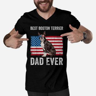 Mens Boston Terrier Dad Usa American Flag Dog Lover Owner Funny Men V-Neck Tshirt | Crazezy