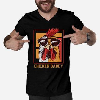 Mens Chicken Daddy Vintage Poultry Farmer Rooster Wearing Shades Men V-Neck Tshirt | Crazezy