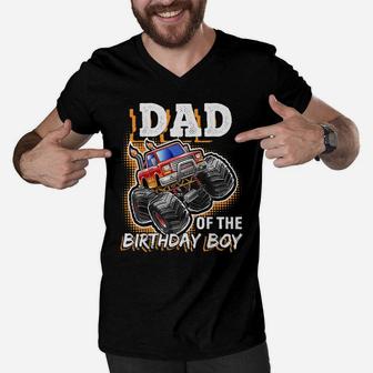 Mens Dad Of The Birthday Boy Monster Truck Birthday Novelty Gift Men V-Neck Tshirt | Crazezy