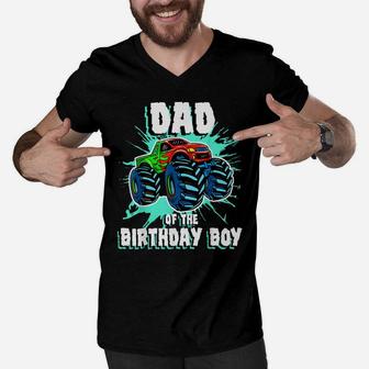 Mens Dad Of The Birthday Boy Monster Truck Birthday Party Men V-Neck Tshirt | Crazezy