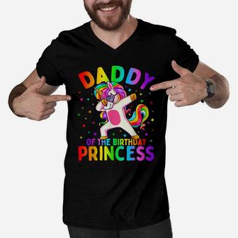 Mens Daddy Of The Birthday Princess Girl Dabbing Unicorn Dad Men V-Neck Tshirt | Crazezy