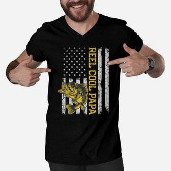 Mens Father's Day Fishing Reel Cool Papa American Flag Men V-Neck Tshirt | Crazezy