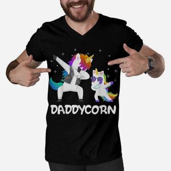 Mens Funny Dabbing Daddycorn Unicorn Dad & Daughter Father's Day Men V-Neck Tshirt | Crazezy