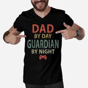 Mens Gamer Dad Shirt Dad By Day Guardian By Night Gaming Men V-Neck Tshirt | Crazezy