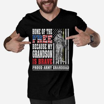 Mens Home Of The Free My Grandson Is Brave - Proud Army Granddad Men V-Neck Tshirt | Crazezy