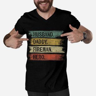 Mens Husband Daddy Fireman Hero Firefighter Father's Day Gift Dad Men V-Neck Tshirt | Crazezy
