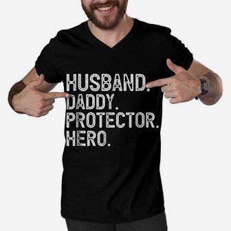 Mens Husband Daddy Protector Hero Father's Day Gift Men V-Neck Tshirt | Crazezy