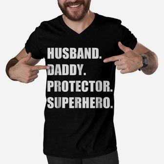Mens Husband Daddy Protector Superhero - Funny & Cool Father Tee Men V-Neck Tshirt | Crazezy
