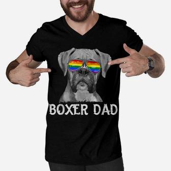 Mens Lgbt Boxer Dad Rainbow Pride Flag Dog Lover Father's Day Men V-Neck Tshirt | Crazezy CA