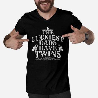 Mens Luckiest Dad St Patricks Day Funny Twin Dad Men V-Neck Tshirt - Thegiftio UK