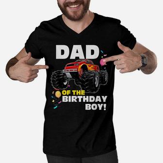 Mens Monster Truck Dad Of The Birthday Boy Gift Men V-Neck Tshirt | Crazezy