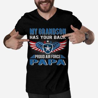 Mens My Grandson Has Your Back Proud Air Force Papa Grandpa Gift Men V-Neck Tshirt | Crazezy