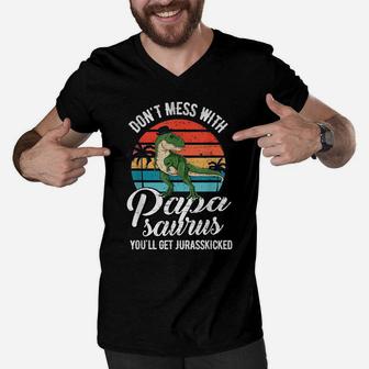 Mens Papasaurus Rex Dinosaur Papa T-Rex Father's Day Gift Men V-Neck Tshirt | Crazezy AU