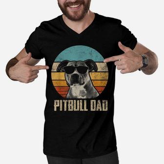 Mens Pitbull Dad Vintage Sunglasses Funny Pitbull Dog Owner Men V-Neck Tshirt | Crazezy CA