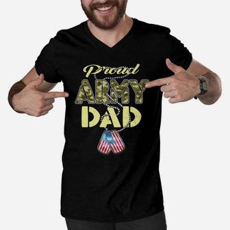 Mens Proud Army Dad Camo Us Flag Dog Tag Military Father Gift Men V-Neck Tshirt | Crazezy