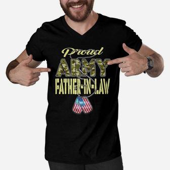 Mens Proud Army Father-In-Law Us Flag Dog Tag Military Dad Gift Men V-Neck Tshirt | Crazezy DE