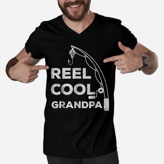 Mens Reel Cool Grandpa Fishing Dad Father's Day Gift Men V-Neck Tshirt | Crazezy