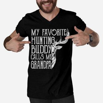 Mens Retro My Favorite Hunting Buddy Calls Me Grandpa Deer Hunter Men V-Neck Tshirt | Crazezy UK