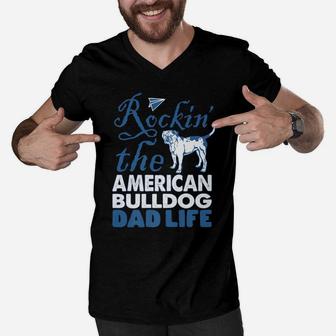 Mens Rockin American Bulldog Dog Dad Life Father's Day Gift Men V-Neck Tshirt | Crazezy AU