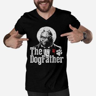 Mens The Dogfather Pitbull Dog Dad Men V-Neck Tshirt | Crazezy UK
