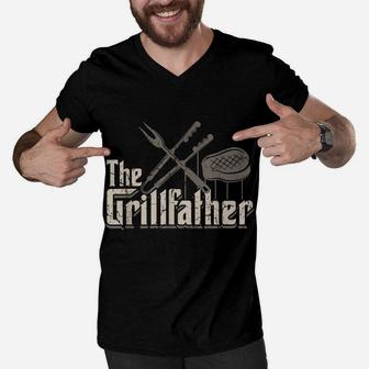 Mens The Grillfather Bbq Grill Smoker Vintage Barbecue Gifts Chef Men V-Neck Tshirt | Crazezy UK