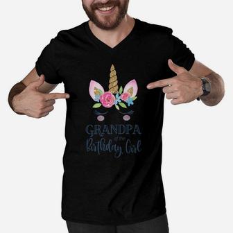 Mens Unicorn Grandpa Of The Birthday Girl Matching Party Group Men V-Neck Tshirt | Crazezy
