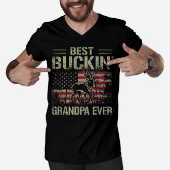 Mens Usa Flag Best Buckin' Grandpa Ever, Deer Hunting Fathers Day Men V-Neck Tshirt | Crazezy CA