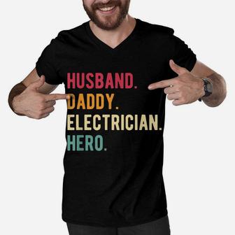 Mens Vintage Husband Daddy Electrician Hero Fathers Day Gift Men V-Neck Tshirt | Crazezy CA