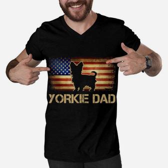 Mens Yorkie Dad Vintage American Flag Patriotic Yorkshire Terrier Men V-Neck Tshirt | Crazezy AU